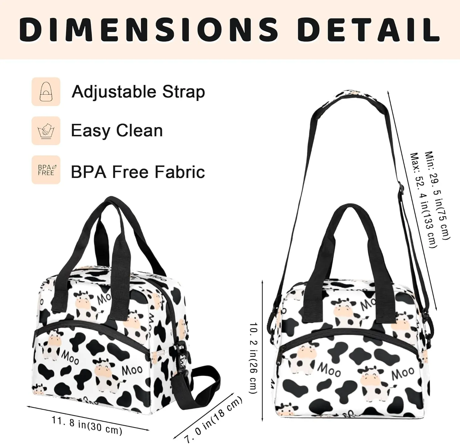 Lunch Bag for Kids Women Men - Reusable Lunch Box with Shoulder Strap, Insulated Meal Tote Bag Leakproof Cooler Bag for Work School Office Picnic, Cute Cows Animal