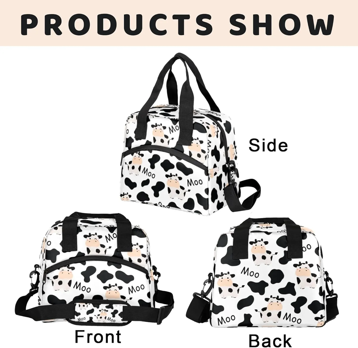 Lunch Bag for Kids Women Men - Reusable Lunch Box with Shoulder Strap, Insulated Meal Tote Bag Leakproof Cooler Bag for Work School Office Picnic, Cute Cows Animal