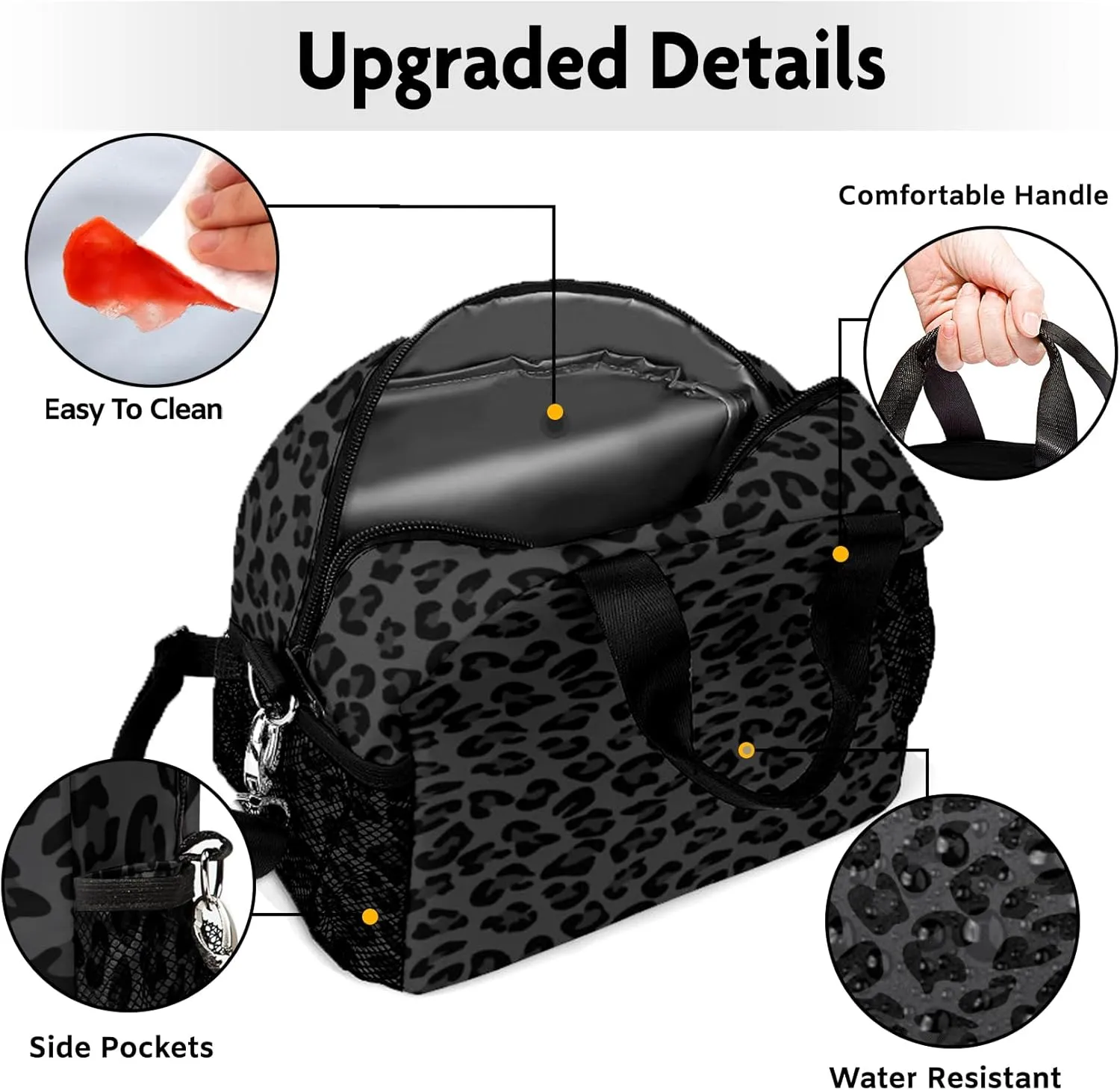 Lunch Bag for Women, Black Leopard Lunch Bags Insulated Lunch Box With Adjustable Shoulder for Girls Adult,Reusable Small Cheetah Lunch Tote Bags for Work School