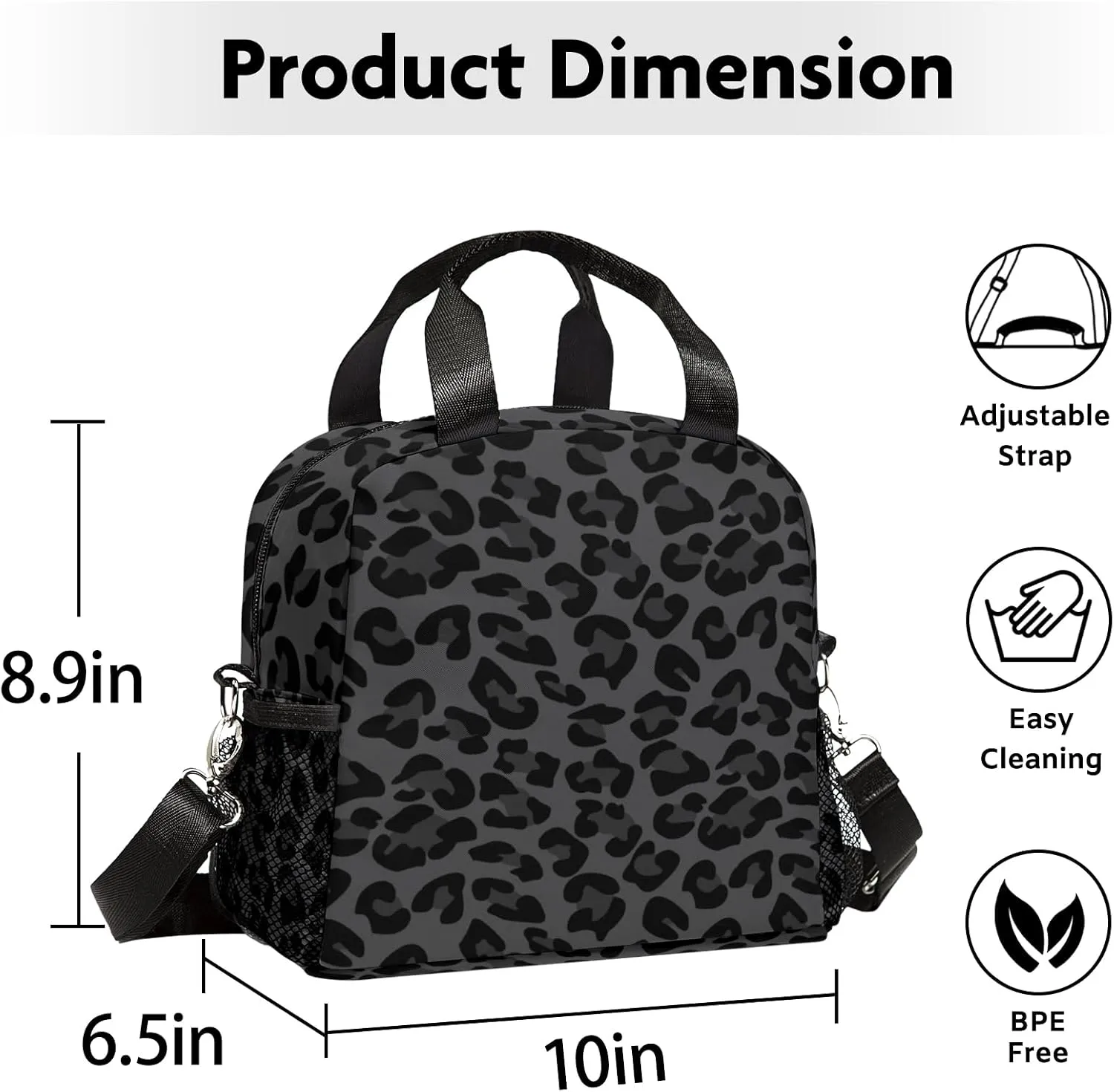Lunch Bag for Women, Black Leopard Lunch Bags Insulated Lunch Box With Adjustable Shoulder for Girls Adult,Reusable Small Cheetah Lunch Tote Bags for Work School