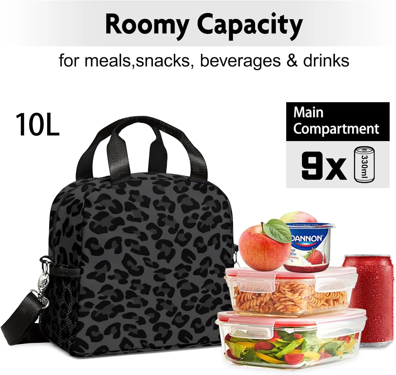 Lunch Bag for Women, Black Leopard Lunch Bags Insulated Lunch Box With Adjustable Shoulder for Girls Adult,Reusable Small Cheetah Lunch Tote Bags for Work School