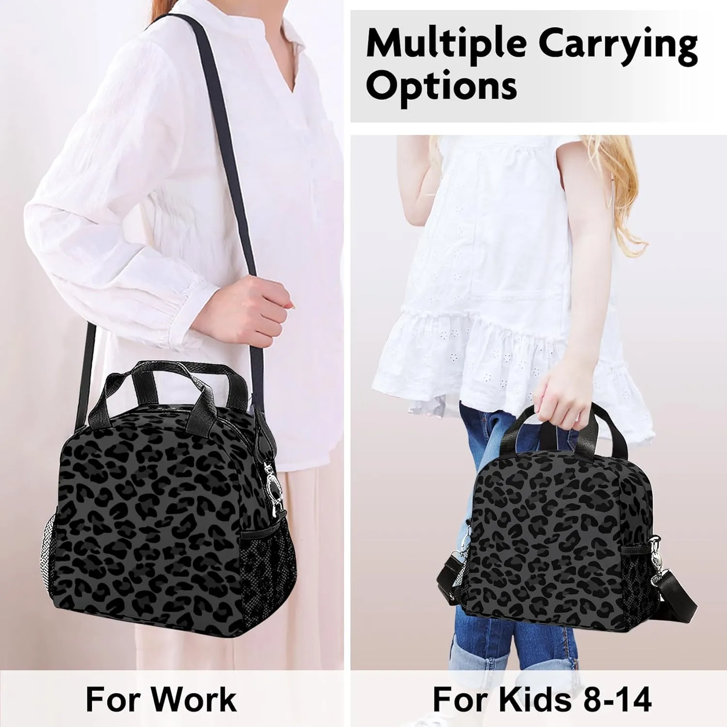 Lunch Bag for Women, Black Leopard Lunch Bags Insulated Lunch Box With Adjustable Shoulder for Girls Adult,Reusable Small Cheetah Lunch Tote Bags for Work School