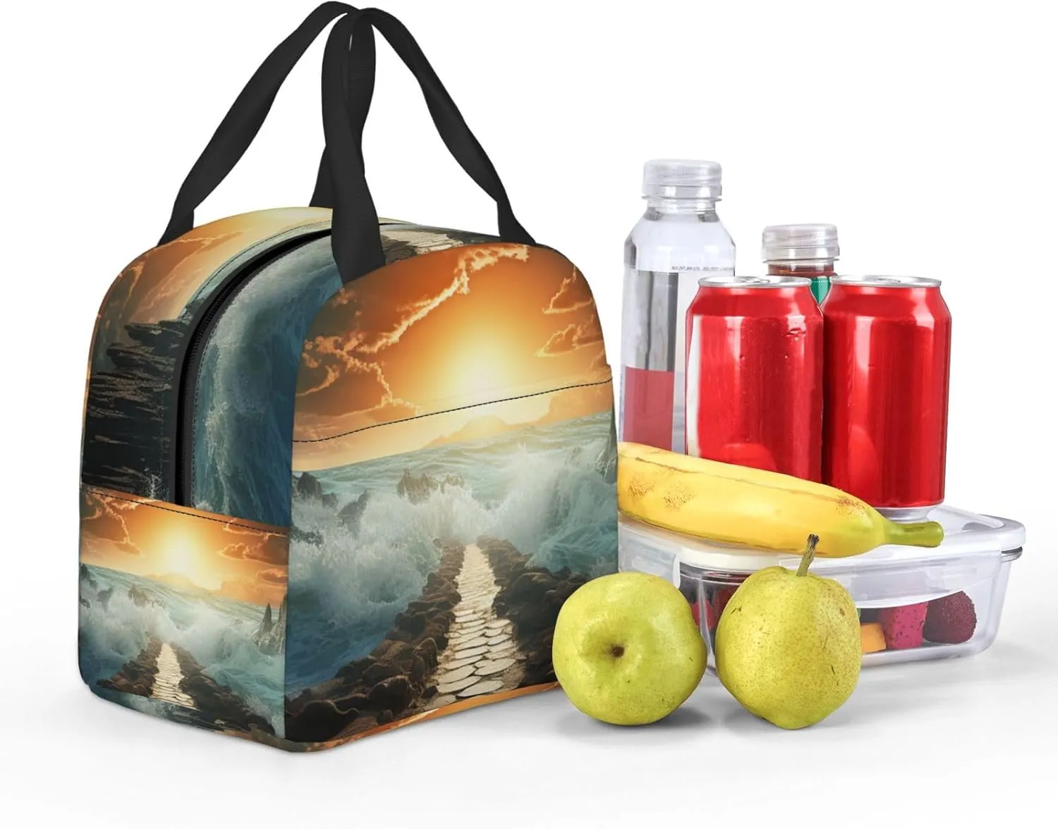 Lunch Bag for Women Men Portable Insulated Lunch Box Divided Sea Pathway LunchBox Reusable Tote Bags for Work Picnic