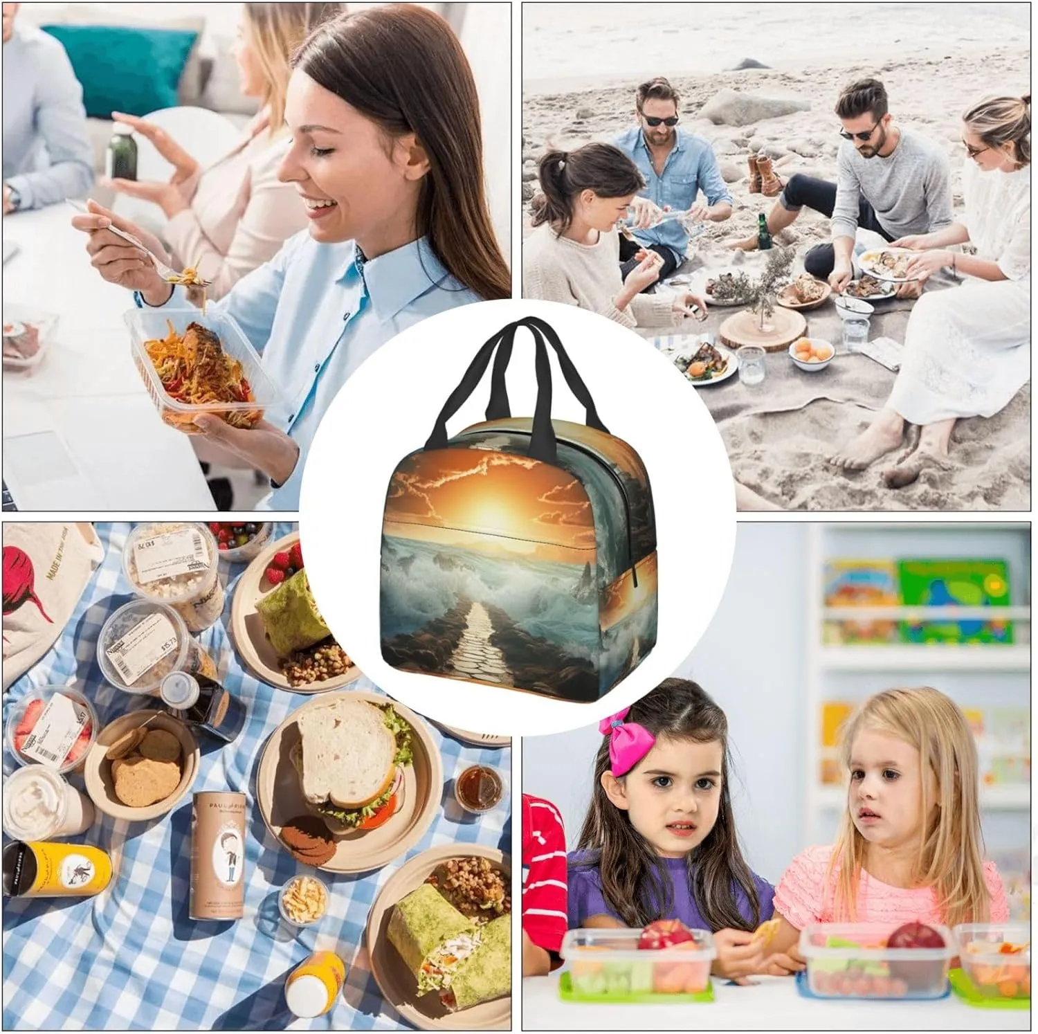 Lunch Bag for Women Men Portable Insulated Lunch Box Divided Sea Pathway LunchBox Reusable Tote Bags for Work Picnic