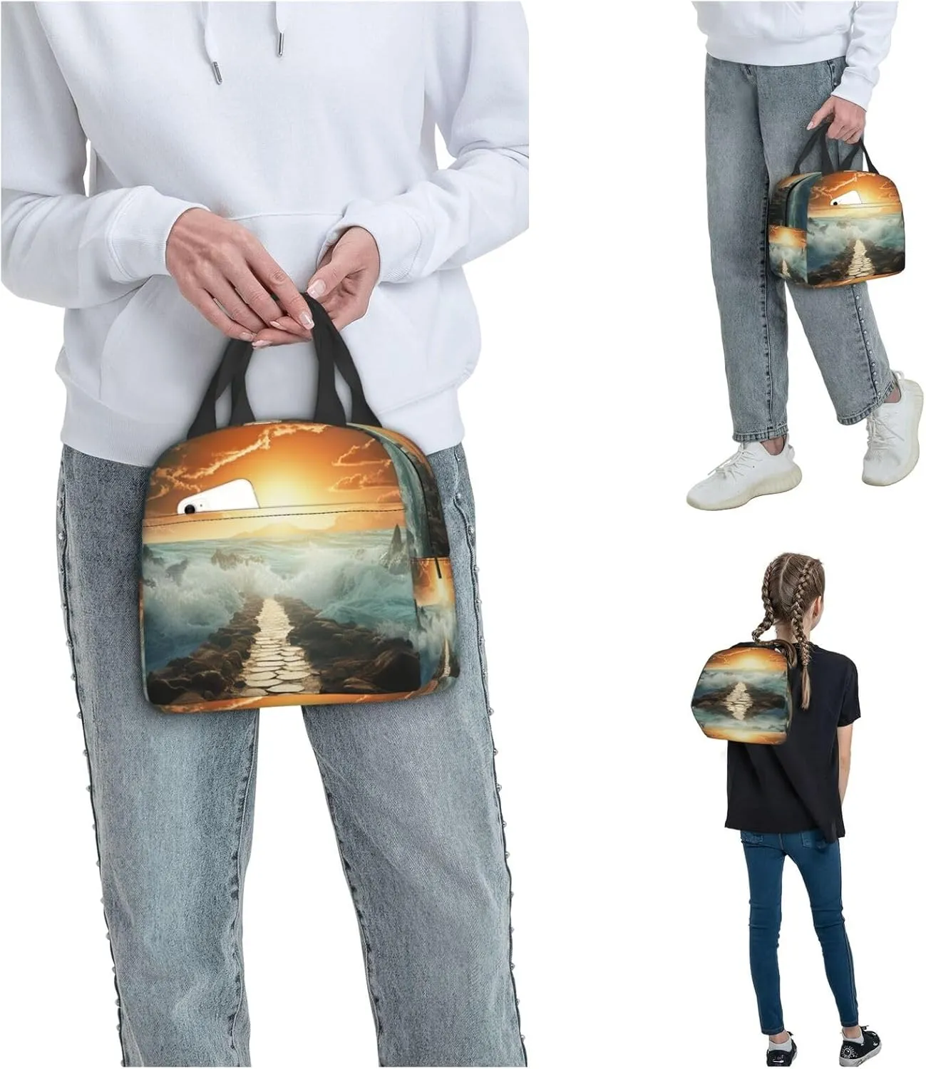 Lunch Bag for Women Men Portable Insulated Lunch Box Divided Sea Pathway LunchBox Reusable Tote Bags for Work Picnic