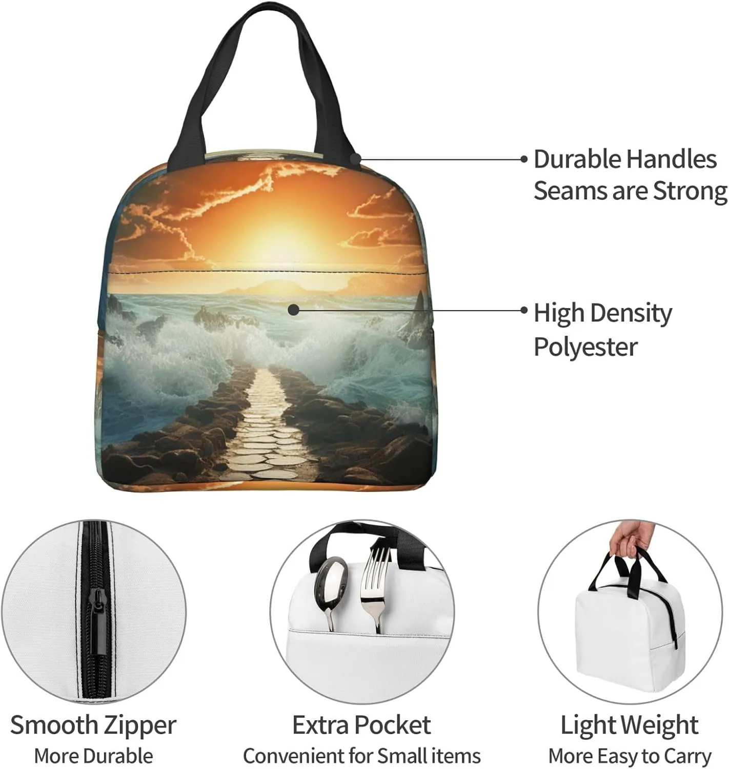 Lunch Bag for Women Men Portable Insulated Lunch Box Divided Sea Pathway LunchBox Reusable Tote Bags for Work Picnic