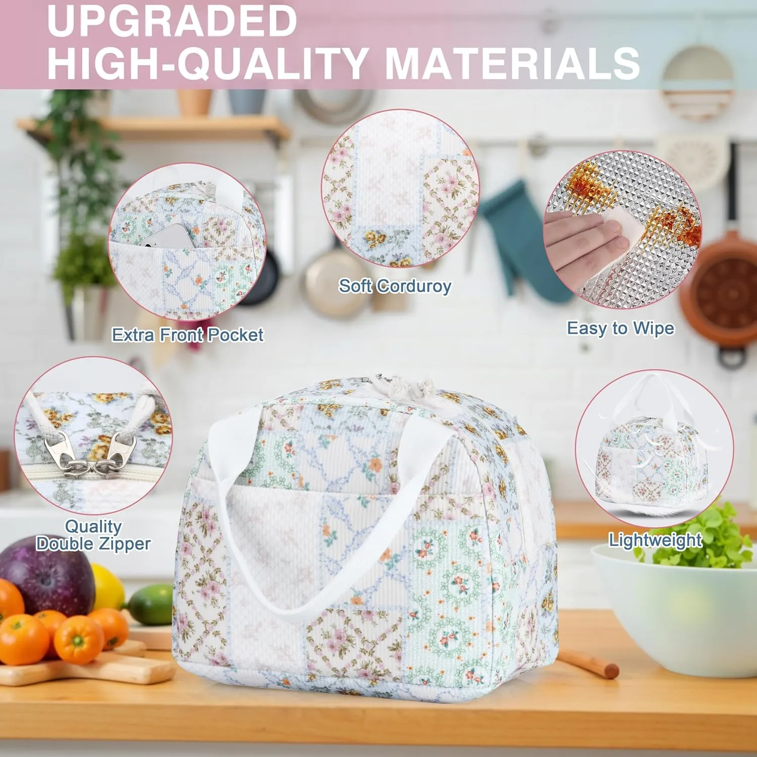 Lunch Bag - Insulated Lunch Box for Women, Reusable Large Capacity Cooler Bag for Adult, Small Leakproof Cute Corduroy Lunch Tote for Work Office Travel Picnic (Bee Floral)