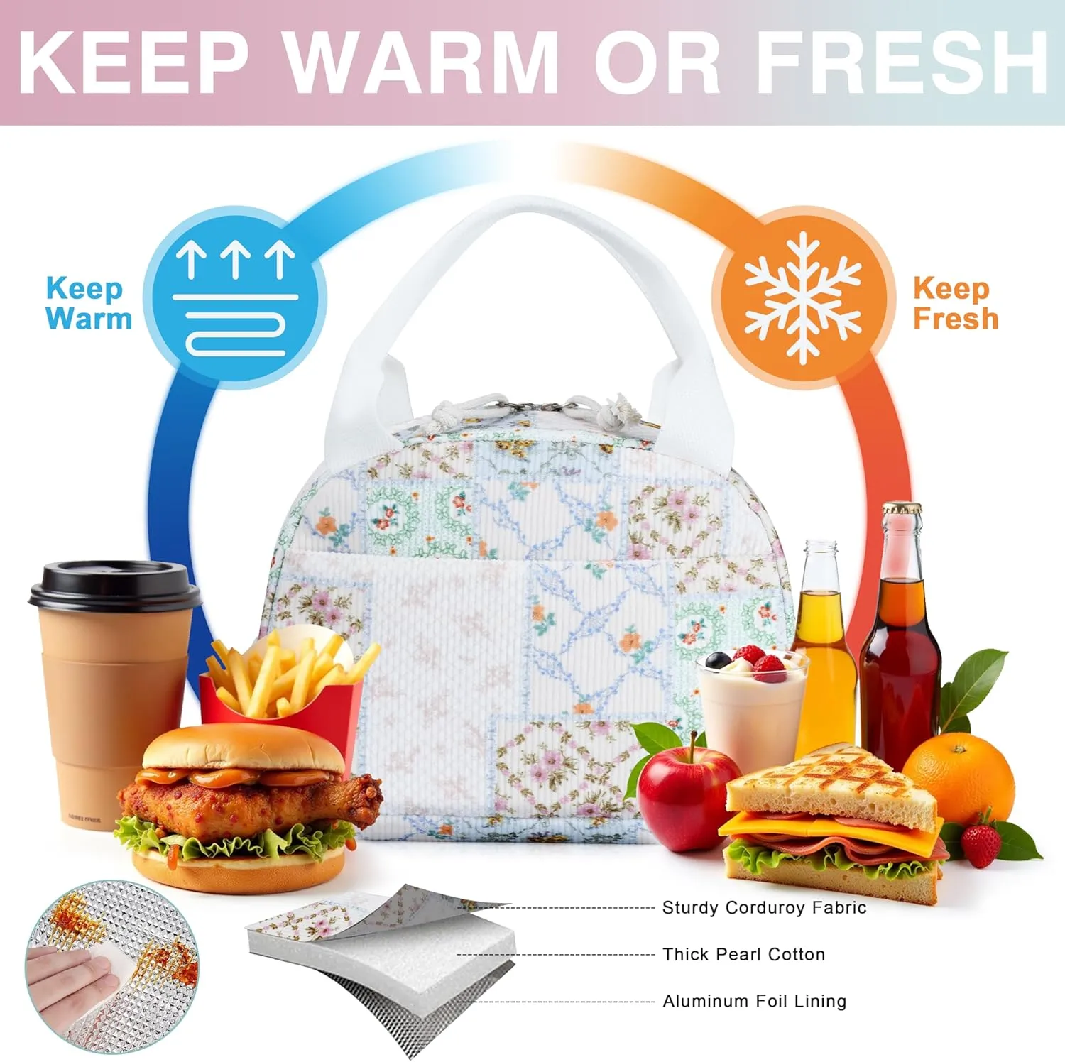 Lunch Bag - Insulated Lunch Box for Women, Reusable Large Capacity Cooler Bag for Adult, Small Leakproof Cute Corduroy Lunch Tote for Work Office Travel Picnic (Bee Floral)