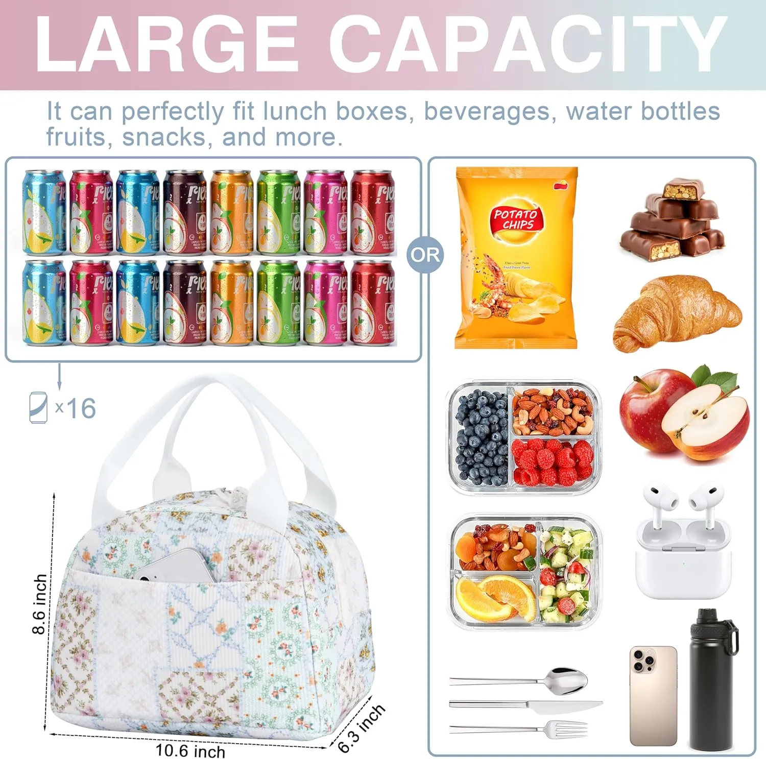 Lunch Bag - Insulated Lunch Box for Women, Reusable Large Capacity Cooler Bag for Adult, Small Leakproof Cute Corduroy Lunch Tote for Work Office Travel Picnic (Bee Floral)