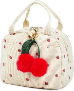 Lunch Bag with Cherry Pendant, Cute Corduroy Lunch Tote Bags for Women Men, Reusable Insulated Lunch Box, Large Capacity Leakproof Cooler for Work Picnic Travel School (Beige-Strawberry)