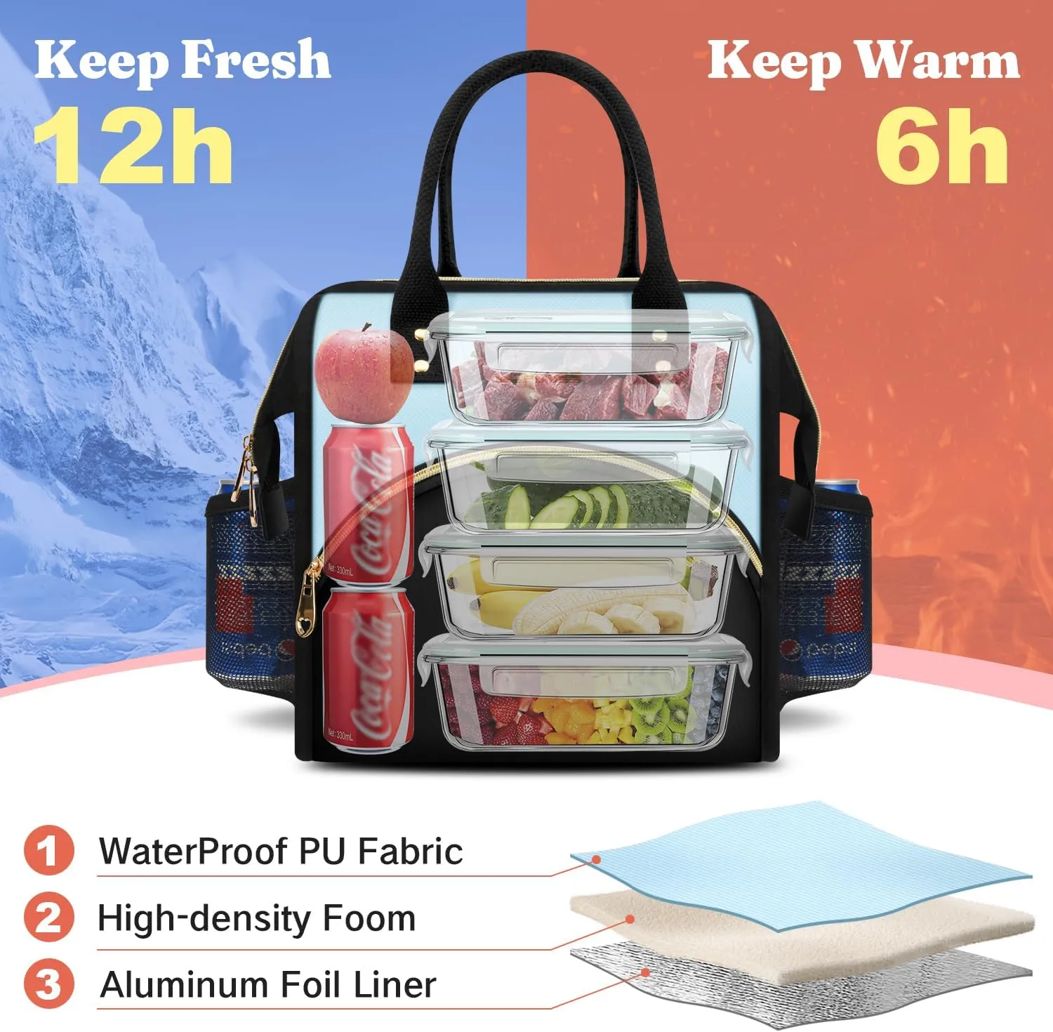 Lunch Bag Women Insulated Lunch Box Wide-Open Lunch Tote Bag Large Drinks Holder Durable Nylon Thermal Snacks Organizer for Men Adults Work Picnic Hiking Beach Fishing, Lake Green   Black