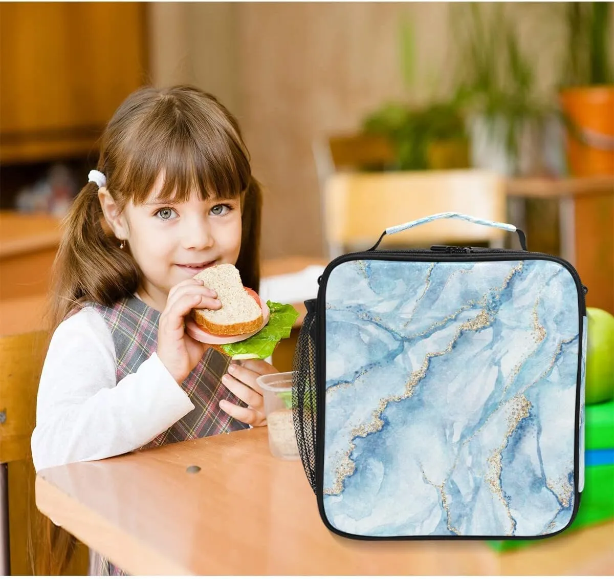 Lunch Bags for Boys Girls Student, Sky Blue Marble with Gold Reusable Insulated Lunch Cooler Bag Thermal Meal Tote Kit, Lunch Box Organizer with Adjustable Shoulder Strap