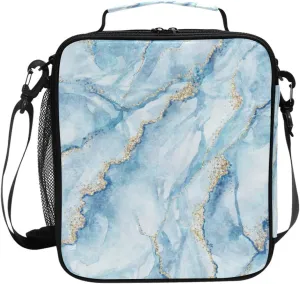 Lunch Bags for Boys Girls Student, Sky Blue Marble with Gold Reusable Insulated Lunch Cooler Bag Thermal Meal Tote Kit, Lunch Box Organizer with Adjustable Shoulder Strap