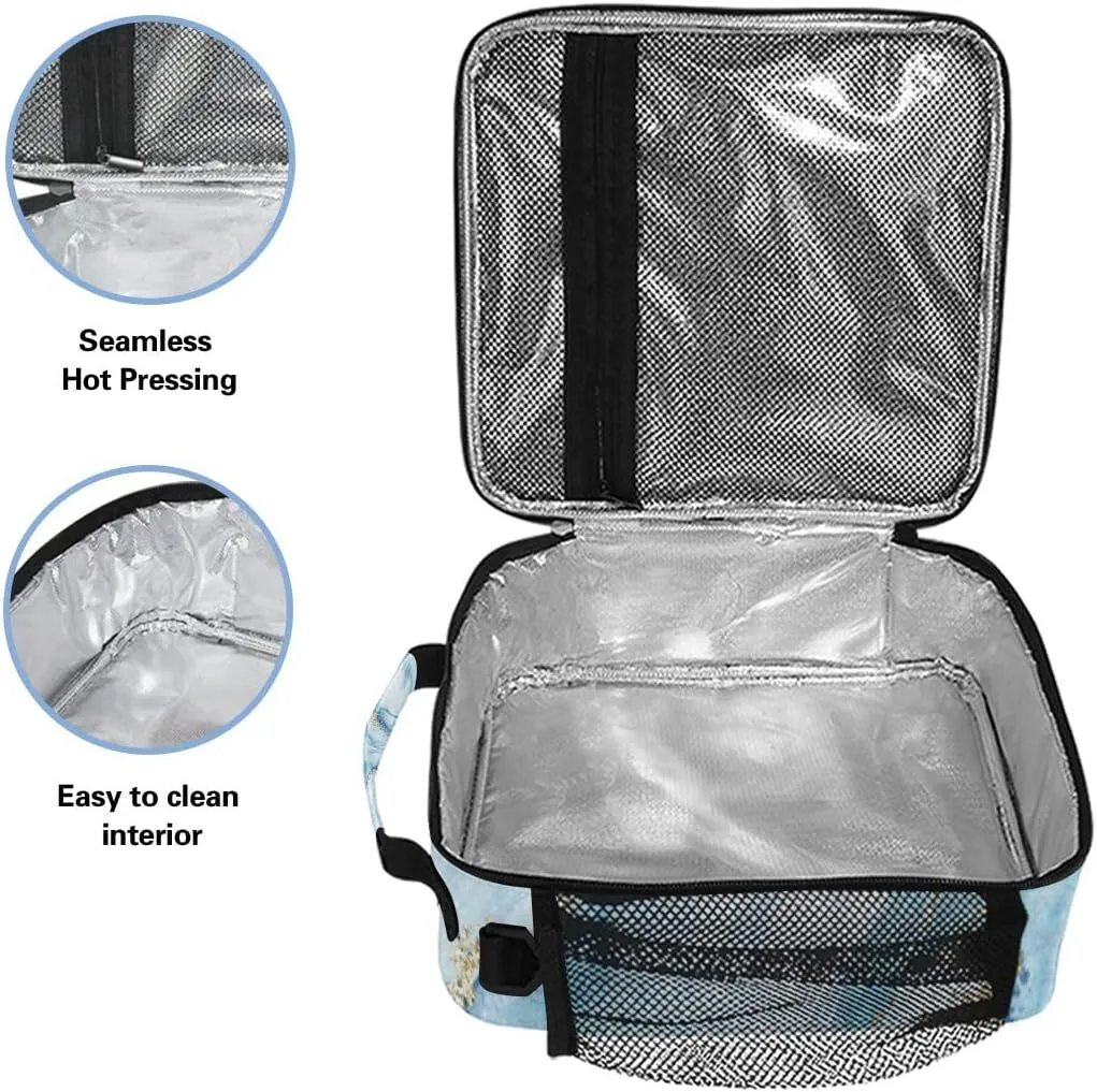 Lunch Bags for Boys Girls Student, Sky Blue Marble with Gold Reusable Insulated Lunch Cooler Bag Thermal Meal Tote Kit, Lunch Box Organizer with Adjustable Shoulder Strap