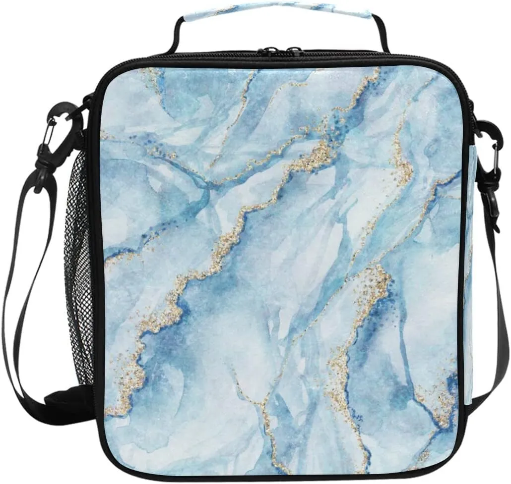Lunch Bags for Boys Girls Student, Sky Blue Marble with Gold Reusable Insulated Lunch Cooler Bag Thermal Meal Tote Kit, Lunch Box Organizer with Adjustable Shoulder Strap