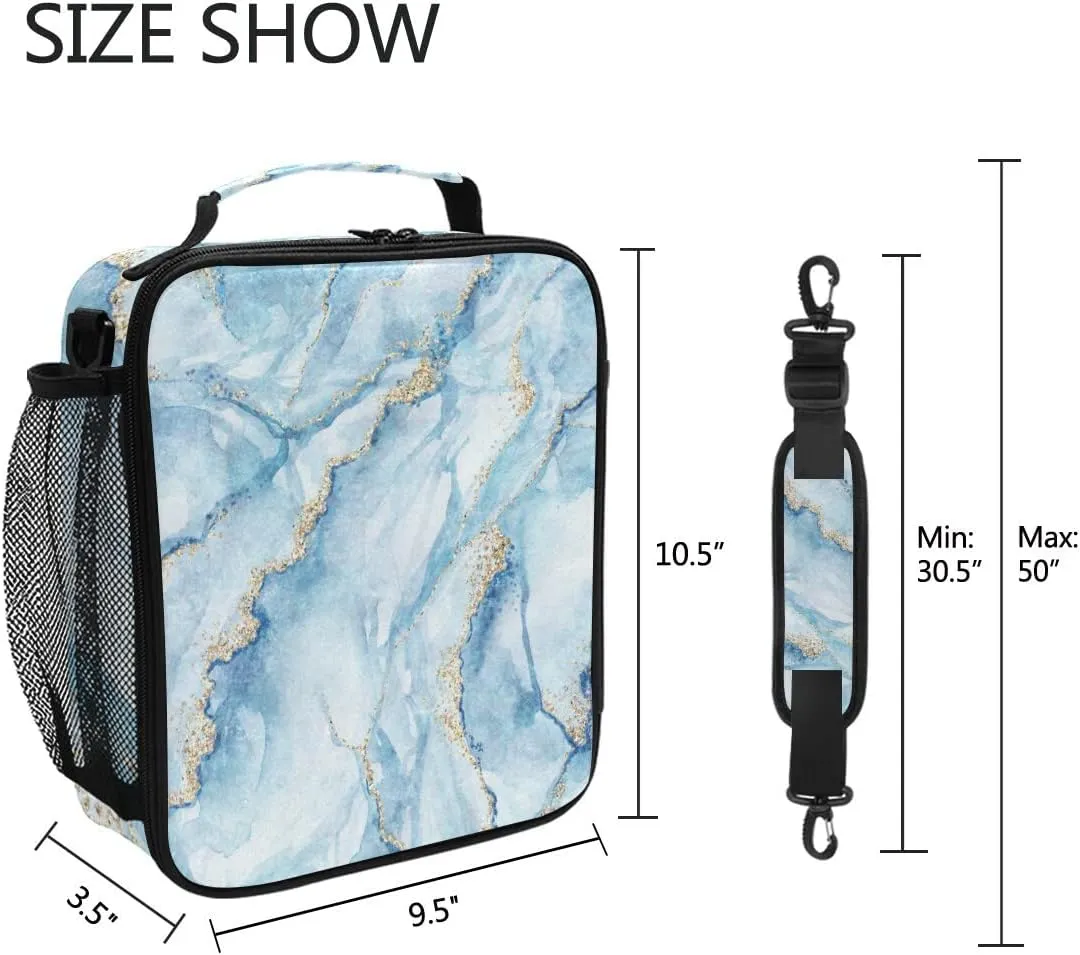 Lunch Bags for Boys Girls Student, Sky Blue Marble with Gold Reusable Insulated Lunch Cooler Bag Thermal Meal Tote Kit, Lunch Box Organizer with Adjustable Shoulder Strap