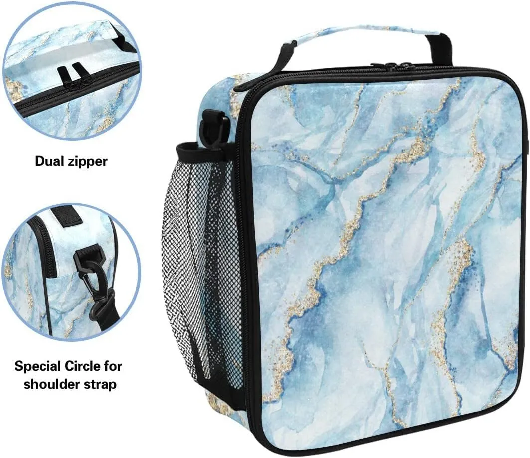 Lunch Bags for Boys Girls Student, Sky Blue Marble with Gold Reusable Insulated Lunch Cooler Bag Thermal Meal Tote Kit, Lunch Box Organizer with Adjustable Shoulder Strap