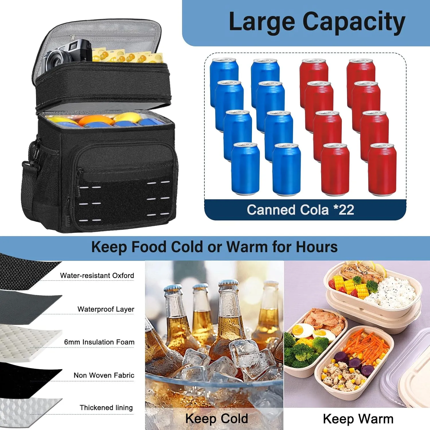 Lunch Box Cooler Bag - Insulated Tactical Lunchbox for Men - Large Lunch Pail for Adults Work Outdoor Shifts Trips Black 25L