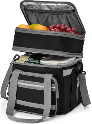 Lunch Box for Women, Insulated Double Deck Lunch Bag for Adults, Leakproof Cooler Lunchbox for Men with Adjustable Shoulder Strap, Black