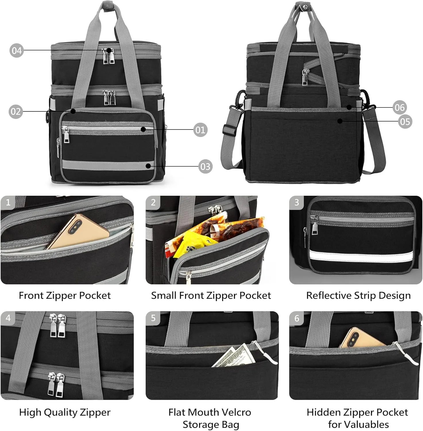Lunch Box for Women, Insulated Double Deck Lunch Bag for Adults, Leakproof Cooler Lunchbox for Men with Adjustable Shoulder Strap, Black