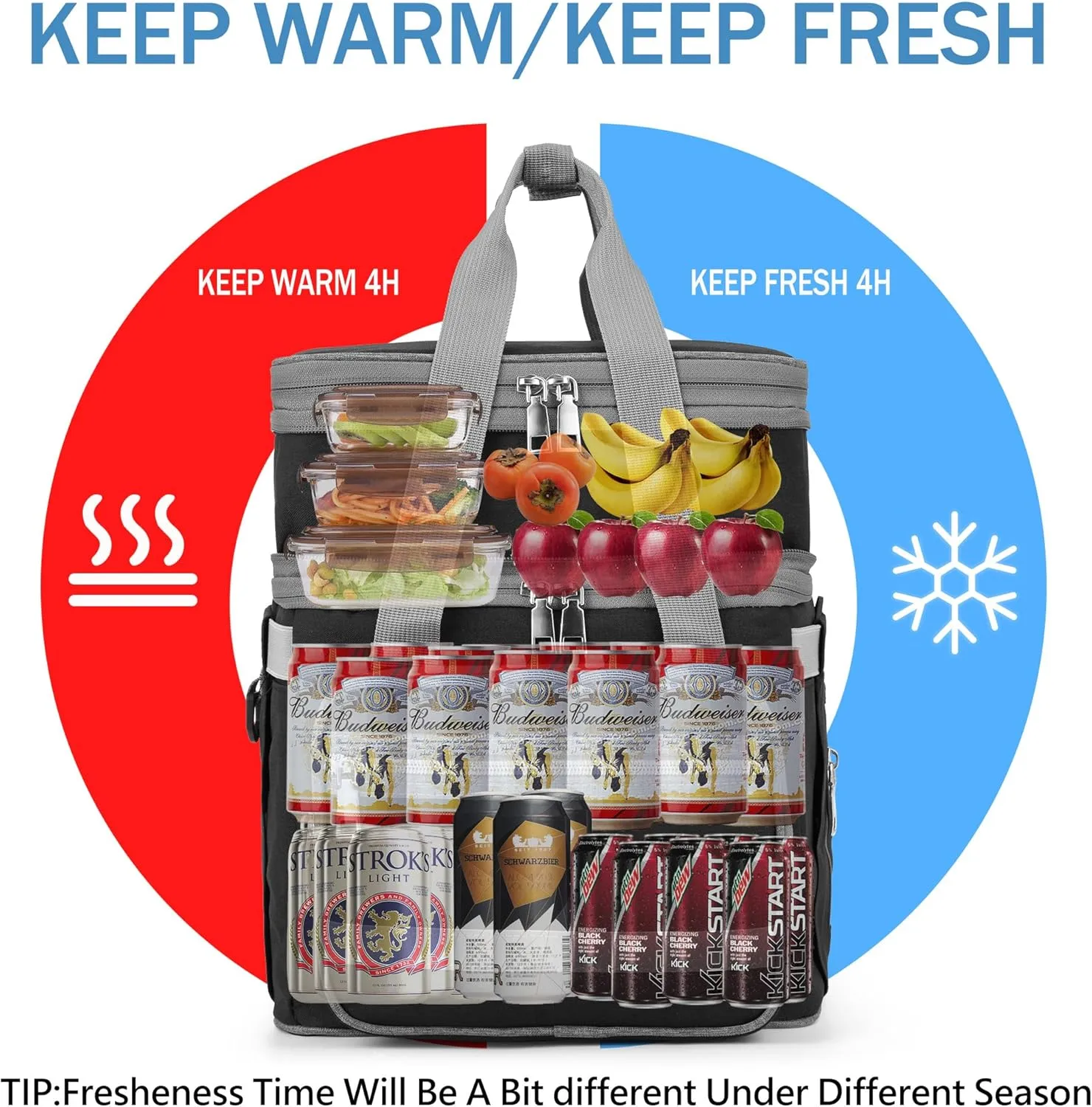 Lunch Box for Women, Insulated Double Deck Lunch Bag for Adults, Leakproof Cooler Lunchbox for Men with Adjustable Shoulder Strap, Black