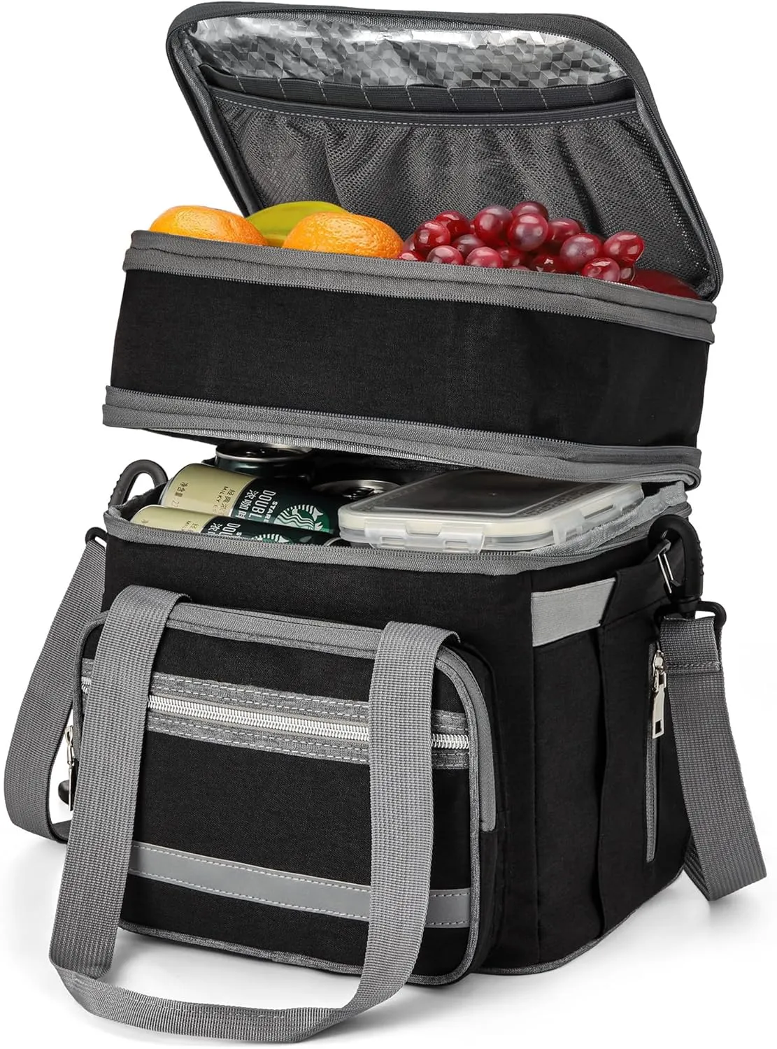 Lunch Box for Women, Insulated Double Deck Lunch Bag for Adults, Leakproof Cooler Lunchbox for Men with Adjustable Shoulder Strap, Black