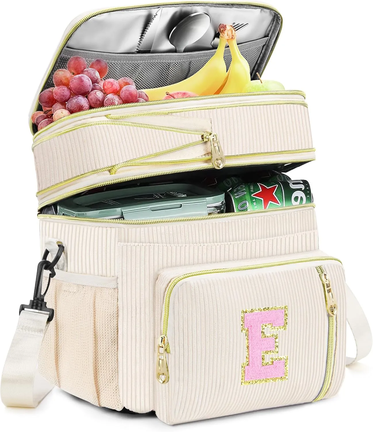 Lunch Box for Women Insulated Lunch Bag-16L-Leakproof Cooler Bag Personalized Adult Lunch Box with Adjustable Shoulder Strap, Gift for Women/Stuff/Teacher for Work Picnin Travel, Beige, Initial E