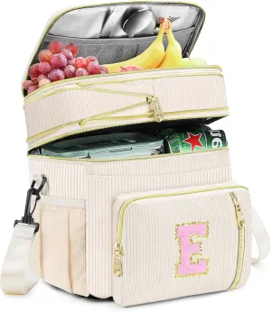 Lunch Box for Women Insulated Lunch Bag-16L-Leakproof Cooler Bag Personalized Adult Lunch Box with Adjustable Shoulder Strap, Gift for Women/Stuff/Teacher for Work Picnin Travel, Beige, Initial E