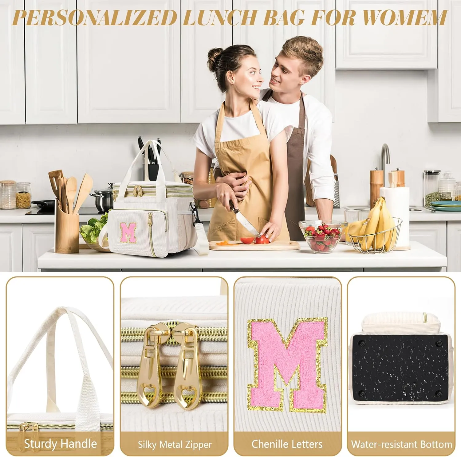 Lunch Box for Women Insulated Lunch Bag-16L-Leakproof Cooler Bag Personalized Adult Lunch Box with Adjustable Shoulder Strap, Gift for Women/Stuff/Teacher for Work Picnin Travel, Beige, Initial N
