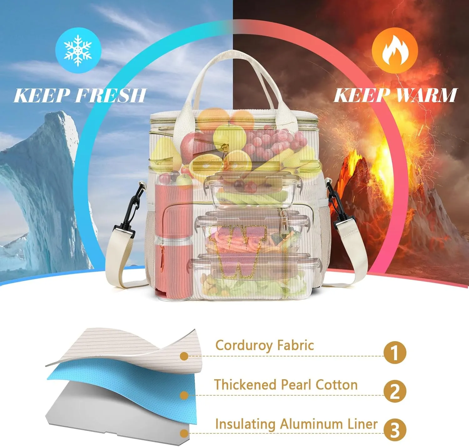 Lunch Box for Women Insulated Lunch Bag-16L-Leakproof Cooler Bag Personalized Adult Lunch Box with Adjustable Shoulder Strap, Gift for Women/Stuff/Teacher for Work Picnin Travel, Beige, Initial N