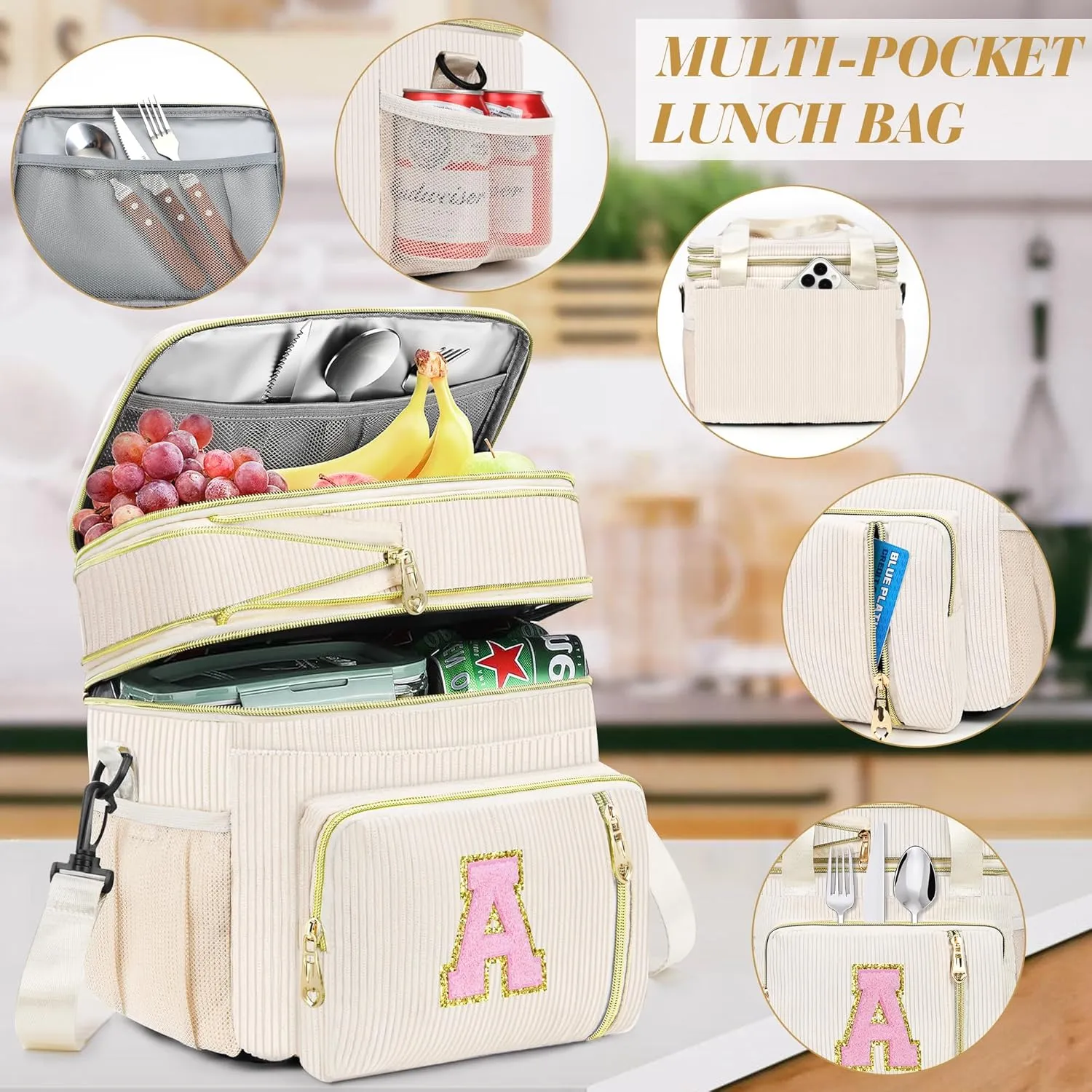 Lunch Box for Women Insulated Lunch Bag-16L-Leakproof Cooler Bag Personalized Adult Lunch Box with Adjustable Shoulder Strap, Gift for Women/Stuff/Teacher for Work Picnin Travel, Beige, Initial N