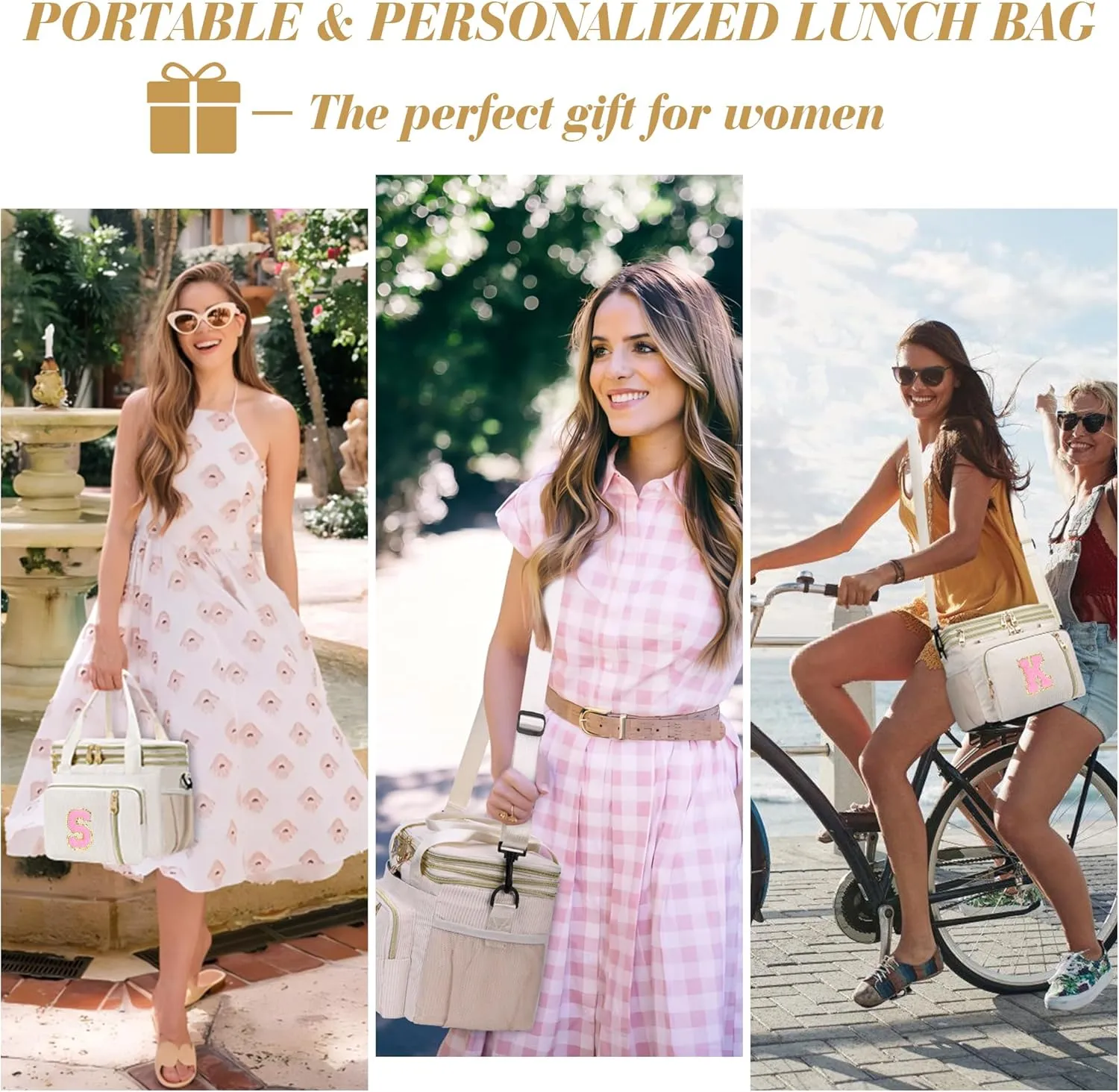 Lunch Box for Women Insulated Lunch Bag-16L-Leakproof Cooler Bag Personalized Adult Lunch Box with Adjustable Shoulder Strap, Gift for Women/Stuff/Teacher for Work Picnin Travel, Beige, Initial N