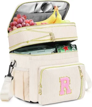 Lunch Box for Women Insulated Lunch Bag-16L-Leakproof Cooler Bag Personalized Adult Lunch Box with Adjustable Shoulder Strap, Gift for Women/Stuff/Teacher for Work Picnin Travel, Beige, Initial R