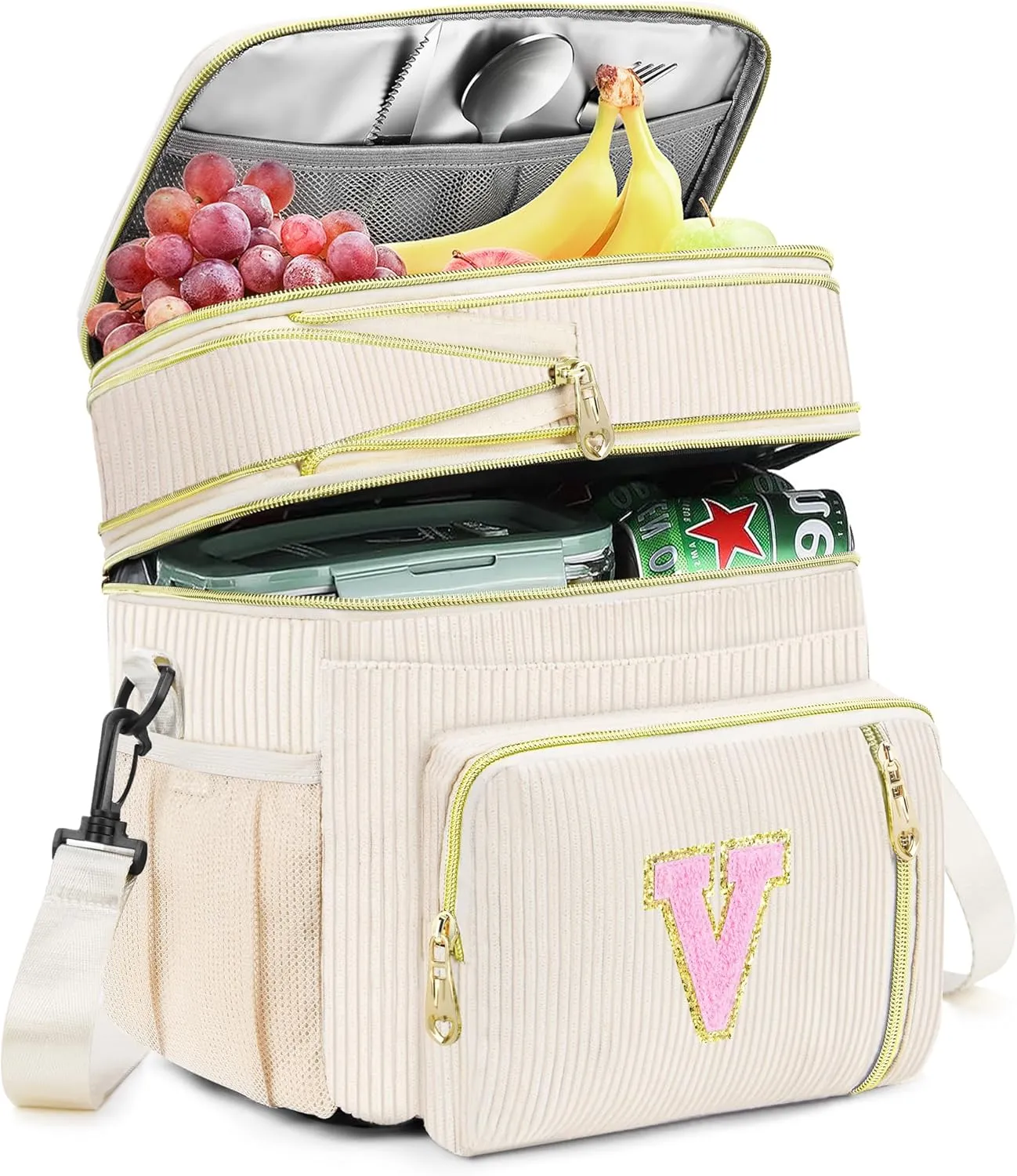 Lunch Box for Women Insulated Lunch Bag-16L-Leakproof Cooler Bag Personalized Adult Lunch Box with Adjustable Shoulder Strap, Gift for Women/Stuff/Teacher for Work Picnin Travel, Beige, Initial V