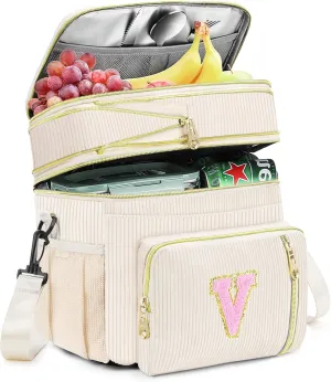 Lunch Box for Women Insulated Lunch Bag-16L-Leakproof Cooler Bag Personalized Adult Lunch Box with Adjustable Shoulder Strap, Gift for Women/Stuff/Teacher for Work Picnin Travel, Beige, Initial V