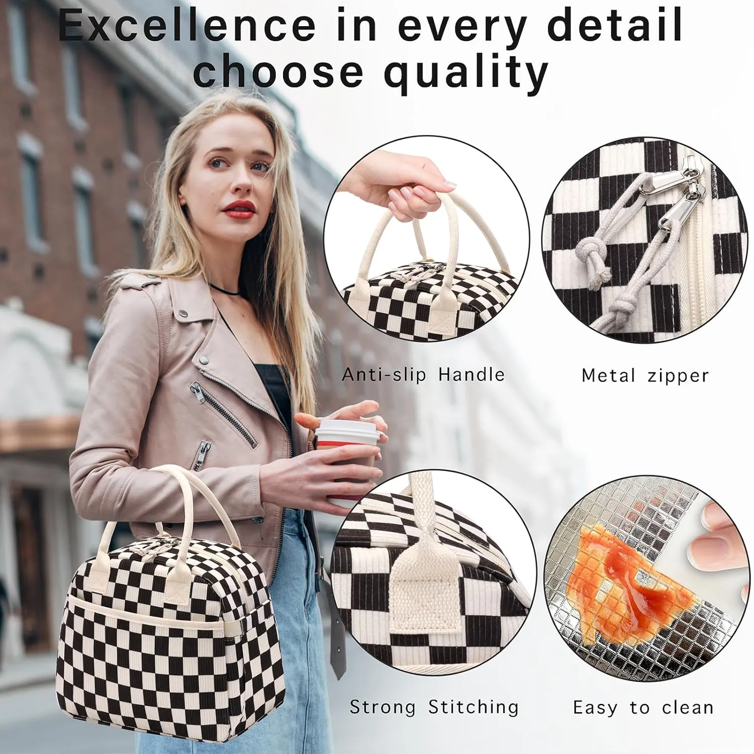 Lunch Box for Women, Insulated Lunch Bag Cute Corduroy Lunchbag Reusable Lunchbox for Work,Black White Checkered