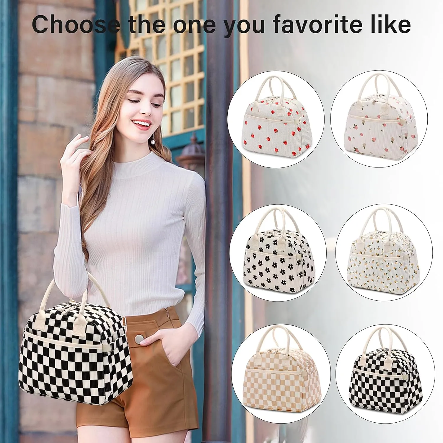 Lunch Box for Women, Insulated Lunch Bag Cute Corduroy Lunchbag Reusable Lunchbox for Work,Black White Checkered