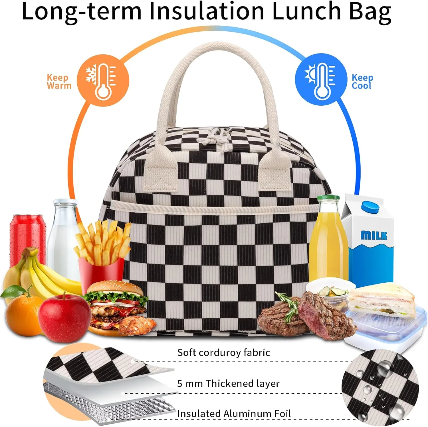 Lunch Box for Women, Insulated Lunch Bag Cute Corduroy Lunchbag Reusable Lunchbox for Work,Black White Checkered