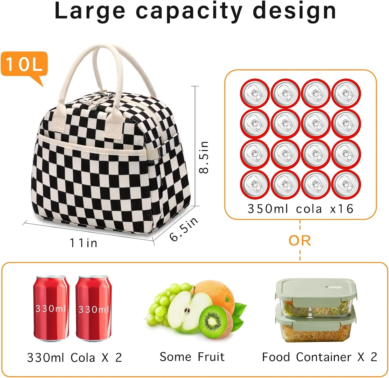 Lunch Box for Women, Insulated Lunch Bag Cute Corduroy Lunchbag Reusable Lunchbox for Work,Black White Checkered