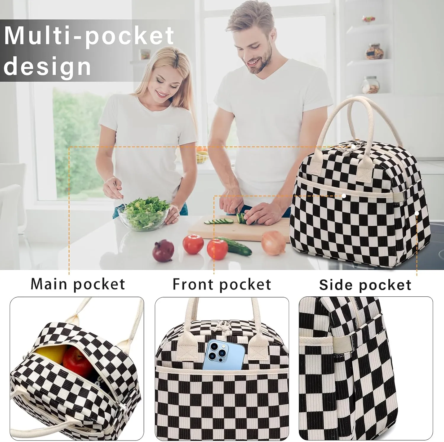 Lunch Box for Women, Insulated Lunch Bag Cute Corduroy Lunchbag Reusable Lunchbox for Work,Black White Checkered