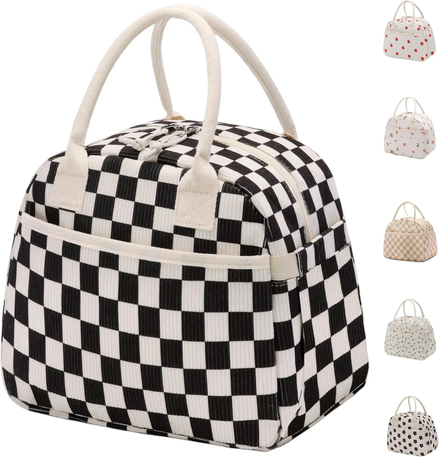 Lunch Box for Women, Insulated Lunch Bag Cute Corduroy Lunchbag Reusable Lunchbox for Work,Black White Checkered
