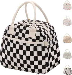 Lunch Box for Women, Insulated Lunch Bag Cute Corduroy Lunchbag Reusable Lunchbox for Work,Black White Checkered