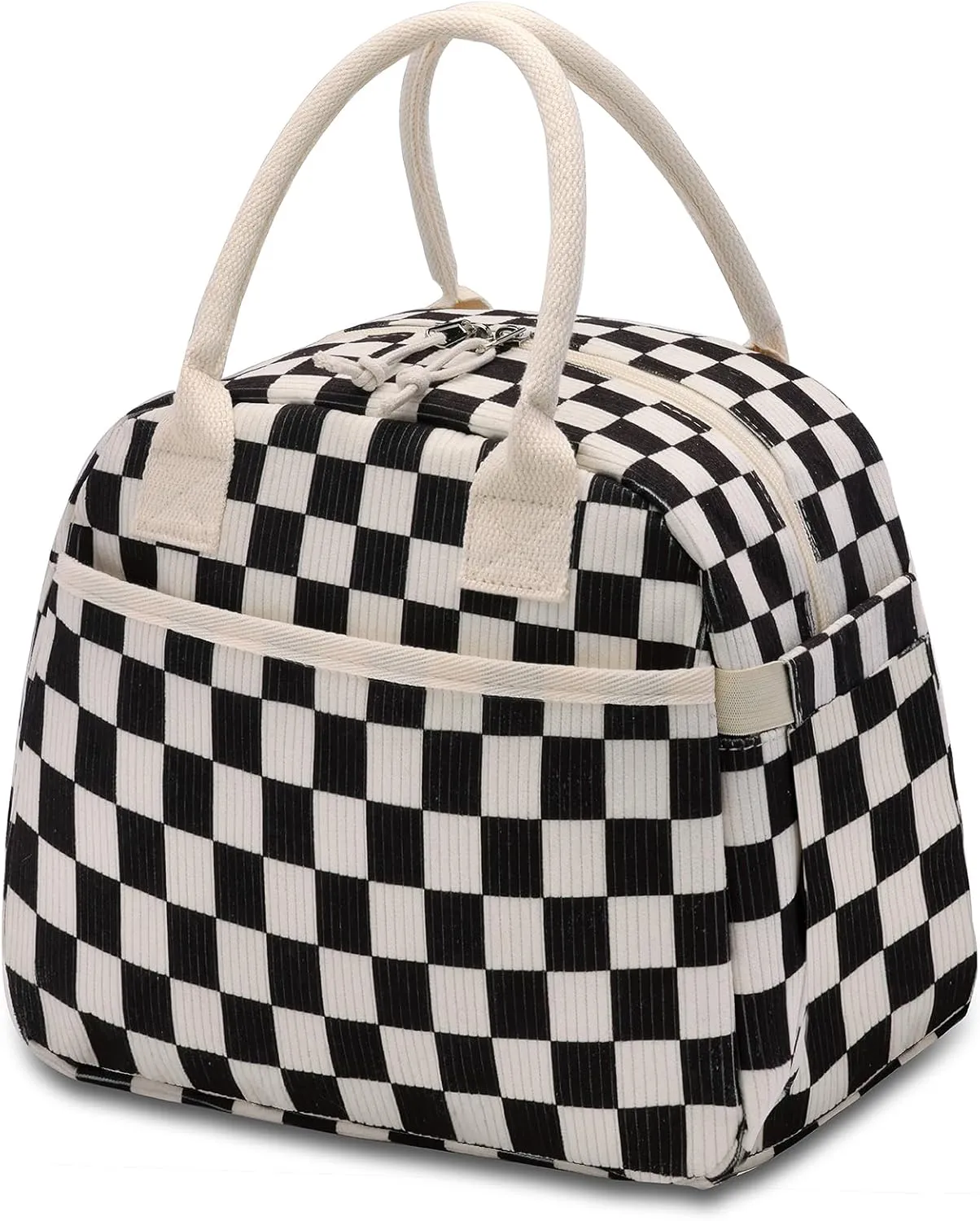 Lunch Box for Women, Insulated Lunch Bag Cute Corduroy Lunchbag Reusable Lunchbox for Work,Black White Checkered