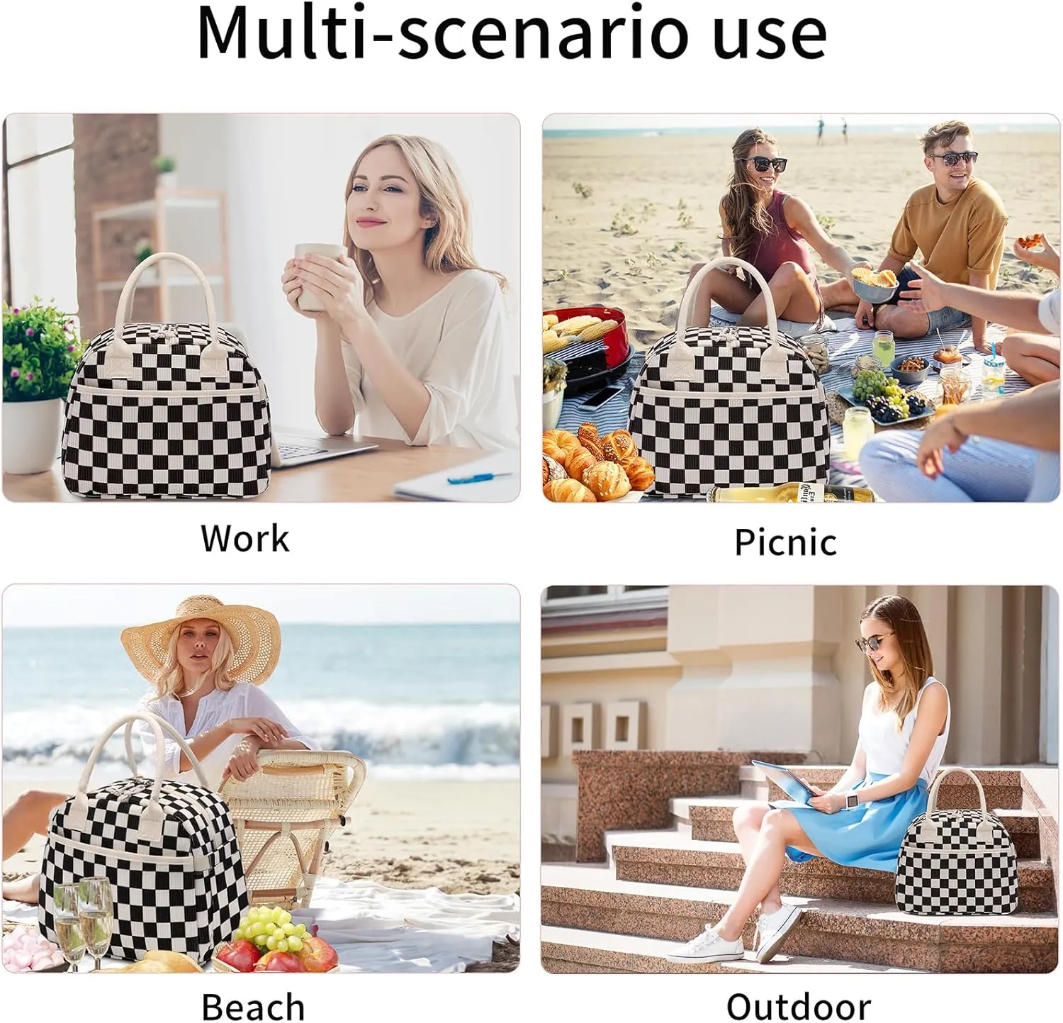 Lunch Box for Women, Insulated Lunch Bag Cute Corduroy Lunchbag Reusable Lunchbox for Work,Black White Checkered