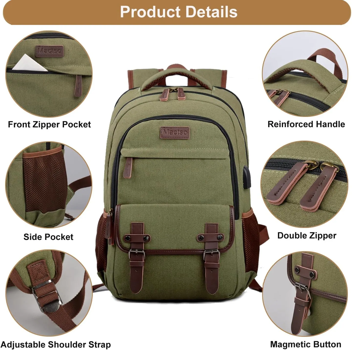 Mactso Canvas Travel Laptop Backpack for Men Women, Business Work Rucksack College Computer Bag Fits 17.3 Inch Notebook,Bookbag with USB Charging Port (Green, 17.3 Inch)
