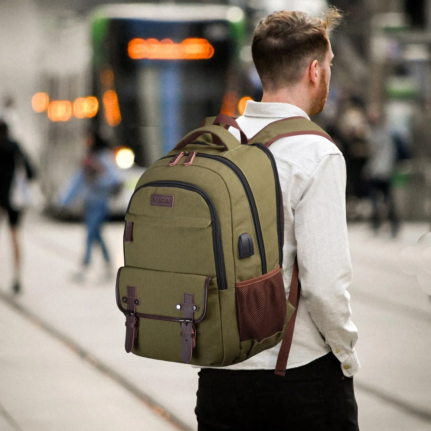 Mactso Canvas Travel Laptop Backpack for Men Women, Business Work Rucksack College Computer Bag Fits 17.3 Inch Notebook,Bookbag with USB Charging Port (Green, 17.3 Inch)