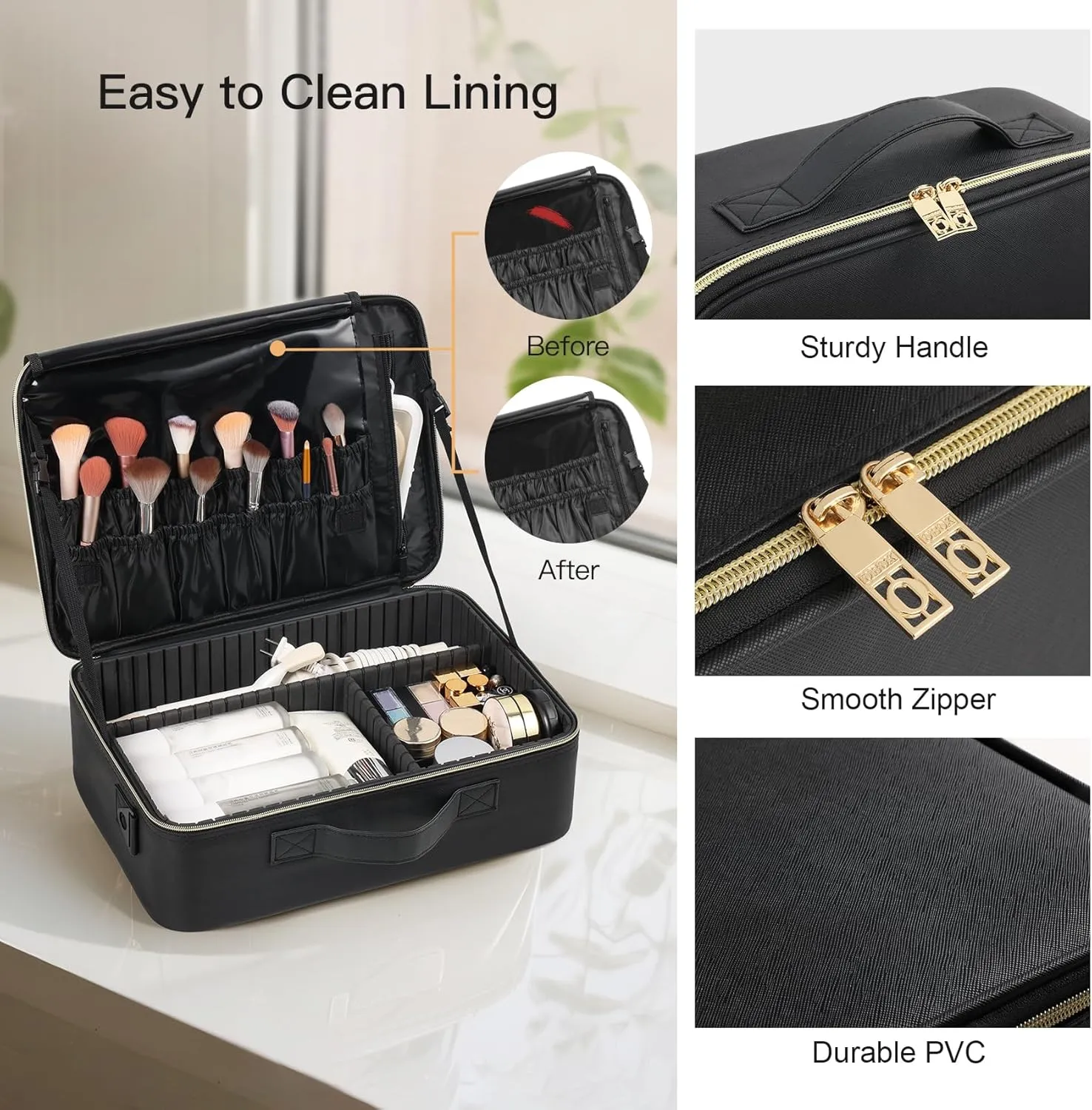 Makeup Travel Case, 16 Inch Makeup Artist Bag with Compartment and Dividers, Portable Cosmetic Bag for Women with Brush Storage Sturdy Dual Zip Closure, Waterproof, Durable, Gift for Her, Black