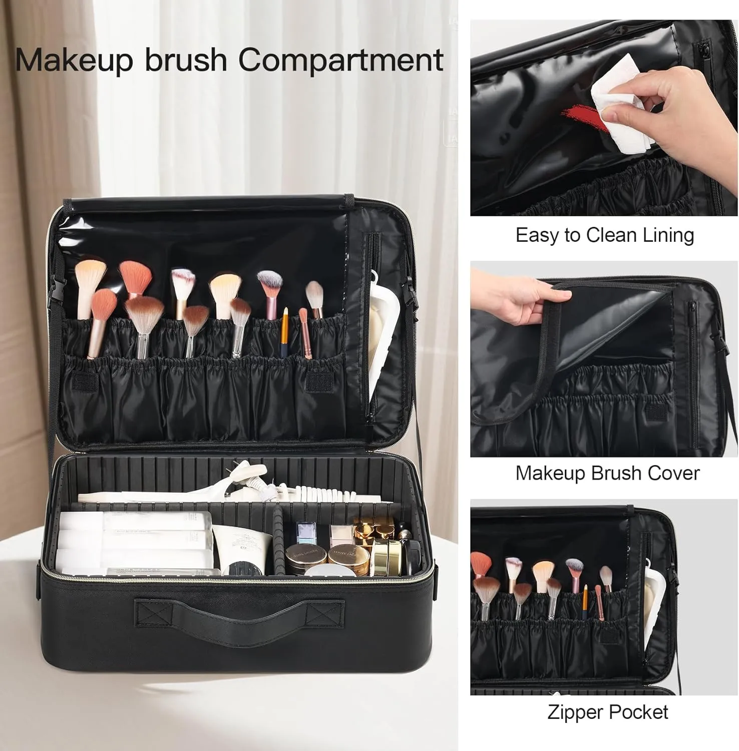 Makeup Travel Case, 16 Inch Makeup Artist Bag with Compartment and Dividers, Portable Cosmetic Bag for Women with Brush Storage Sturdy Dual Zip Closure, Waterproof, Durable, Gift for Her, Black