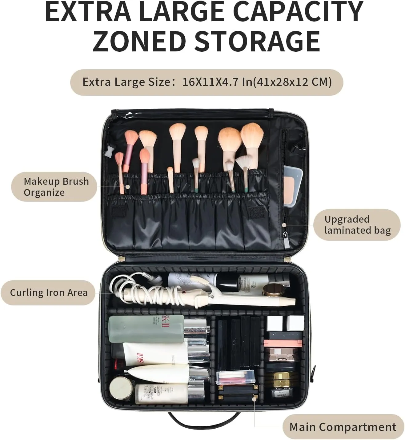 Makeup Travel Case, 16 Inch Makeup Artist Bag with Compartment and Dividers, Portable Cosmetic Bag for Women with Brush Storage Sturdy Dual Zip Closure, Waterproof, Durable, Gift for Her, Black