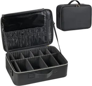 Makeup Travel Case, 16 Inch Makeup Artist Bag with Compartment and Dividers, Portable Cosmetic Bag for Women with Brush Storage Sturdy Dual Zip Closure, Waterproof, Durable, Gift for Her, Black